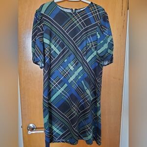 London Times 16 Blue & Green Plaid short sleeve dress with gold zipper d…